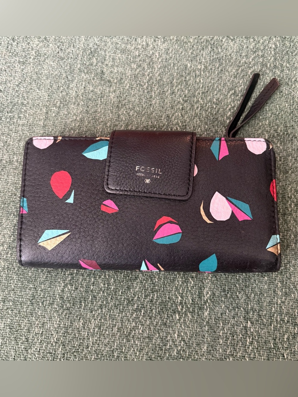Fossil Black Wallet with Pink, Teal and Red Abstract Print